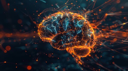 An abstract digital illustration of a brain with a cascade of glowing lines and symbols