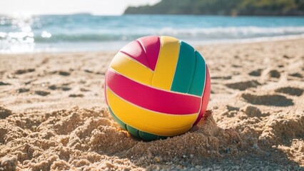 Obraz premium Beach volleyball ball on the sand against the background of the ocean 