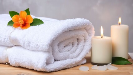 There is a neat arrangement of candles, towels, and a flower on top