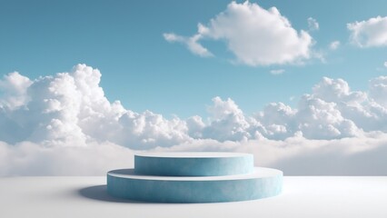 A blue podium is positioned in the middle of a cloudy sky