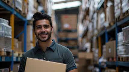 Obraz premium Young hispanic man business worker holding packages at storehouse