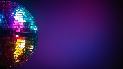 A disco ball shines in the dark against a purple backdrop