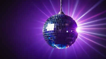 Disco ball hanging from ceiling with purple lights