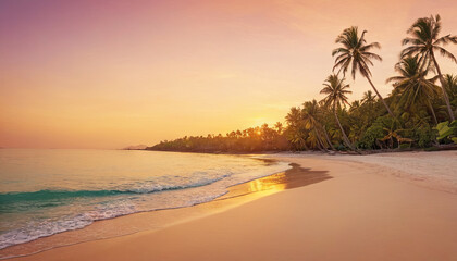 The sun sets over a tropical beach, casting warm light on the sand and water. Palm trees stand tall along the shore