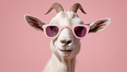 Obraz premium Goat in pink sunglasses on pink background, with vision care keywords