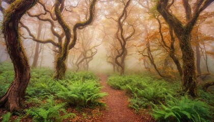 Fototapeta premium A winding path leads through a dense forest, the trees covered in a soft layer of fog. The sunlight filters through the branches, creating a golden glow