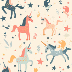 Flat pattern design with funny unicorns with soft pastel colors