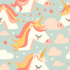 A pattern of unicorn heads with stars and clouds with soft pastel colors on a soft blue background
