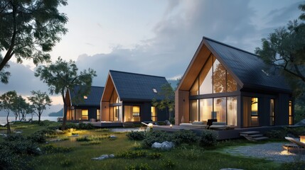 series of cottages in a holiday resort, each equipped with energy-efficient windows that offer stunning views of the lakefront while keeping interiors comfortable