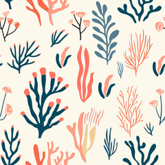 Flat pattern design with different marine plants and coral with soft cream background