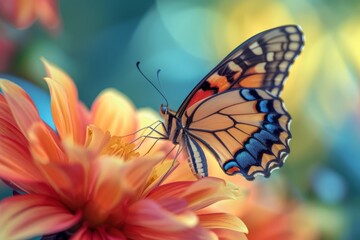 Fototapeta premium a butterfly sitting on a flower with a blurry background, close-up, high-resolution image of a butterfly resting on a vibrant flower
