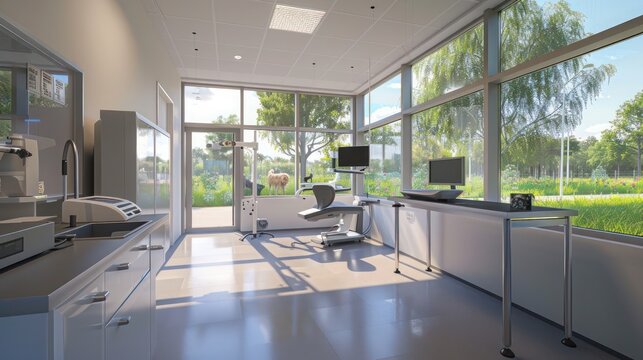 modern veterinary clinic with large, clear energy-efficient windows that allow natural light while maintaining a calm environment for animal care