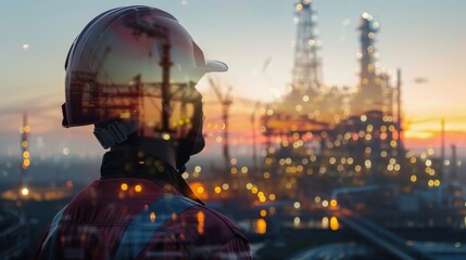 Construction engineer wearing hard hat supervising industrial plant at sunset