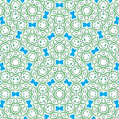 Seamless geometric pattern with blue butterflies and green shapes on a white background.