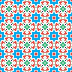 Seamless geometric pattern with colorful star shapes in red, blue, and green