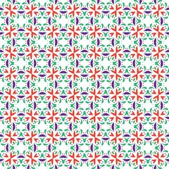 Seamless floral pattern with red, green, and purple elements on a white background