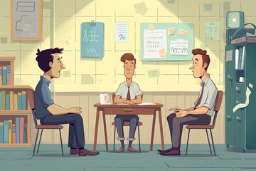 a man in a suit is interviewing a woman, humorous depiction of common interview scenarios and possible reactions