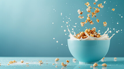 bowl of cereal food milk splash breakfast blue copy space