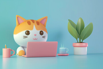 An adorable stylized 3D illustration of a cartoon cat working on a laptop with a cup of coffee and a plant on a pastel blue background