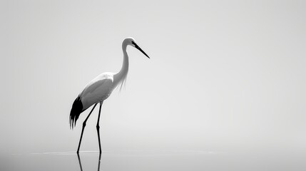 Obraz premium An elegant crane stands on one leg, its form outlined with minimalist black lines on a white canvas