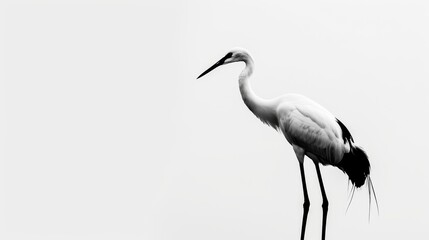 Obraz premium An elegant crane stands on one leg, its form outlined with minimalist black lines on a white canvas
