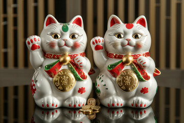 Fototapeta premium A cat and dog in Chinese New Year decorations with a snowman, Christmas ornaments, and a Maneki Neko, set against a winter holiday background