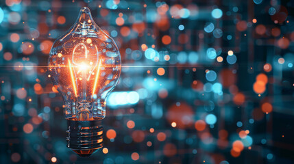 A light bulb glows on a high-tech backdrop. This represents innovation, fresh thinking, and the cutting-edge technology.