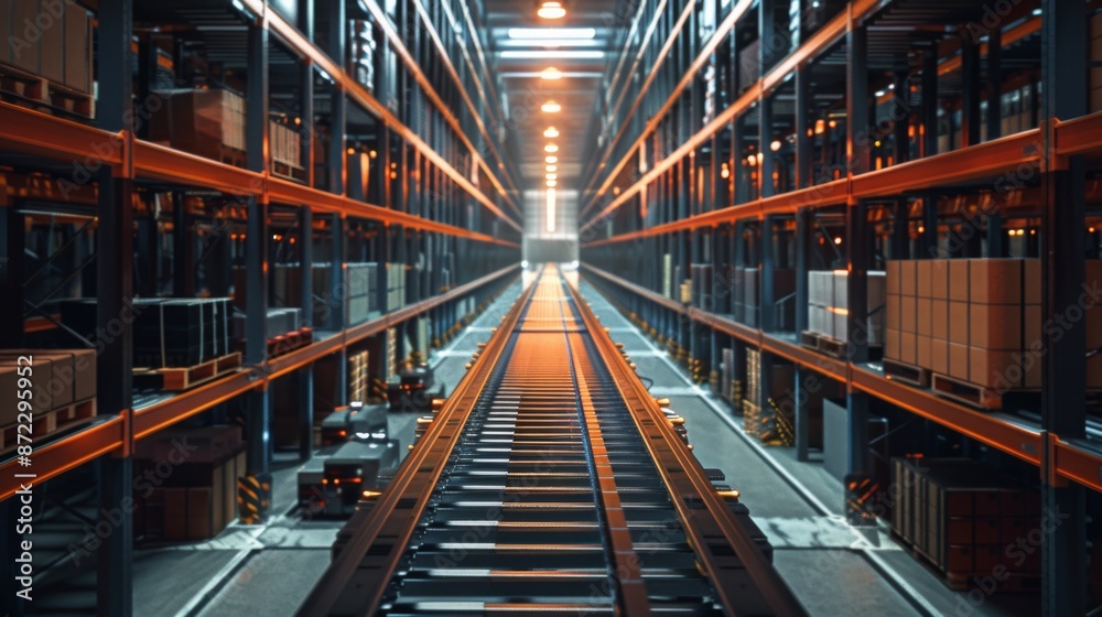 Aufkleber a long, automated conveyor system runs down the center of a large warehouse, flanked by shelves stoc