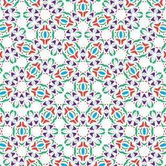 Colorful abstract geometric pattern with floral elements in red, green, blue, and purple tones