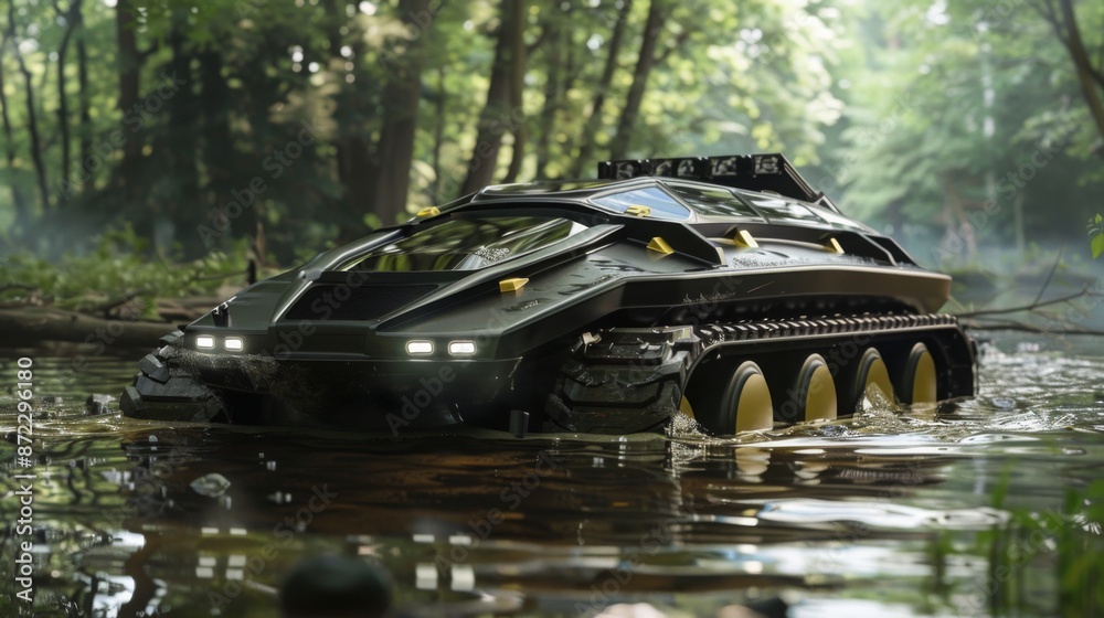 Aufkleber an amphibious vehicle with a black body and yellow accents drives through a shallow stream in a fore