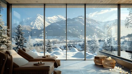 luxury spa resort room with panoramic energy-efficient windows overlooking a snowy mountain range, combining breathtaking views with cozy warmth