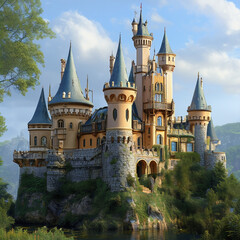 Fototapeta premium background illustration of a royal castle in a fantasy natural landscape