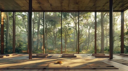 Fototapeta premium serene meditation center with walls made entirely of energy-efficient windows, providing panoramic views of a tranquil forest, enhancing the peaceful ambiance inside