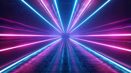 Neon lights form a glowing tunnel with blue and purple stripes ascending upwards. The vibrant trails create a futuristic and technological atmosphere.