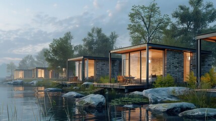 Obraz premium series of cottages in a holiday resort, each equipped with energy-efficient windows that offer stunning views of the lakefront while keeping interiors comfortable
