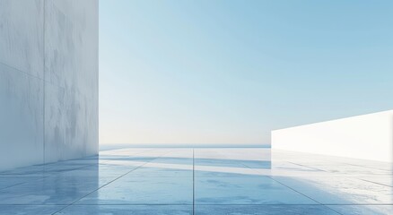 Minimalist white and blue sky scene with clean lines, depicting modern architecture