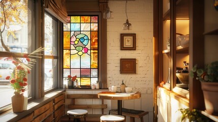 small, eco-friendly cafe corner with quaint energy-efficient windows that use stained glass to create a warm, inviting atmosphere without compromising on insulation