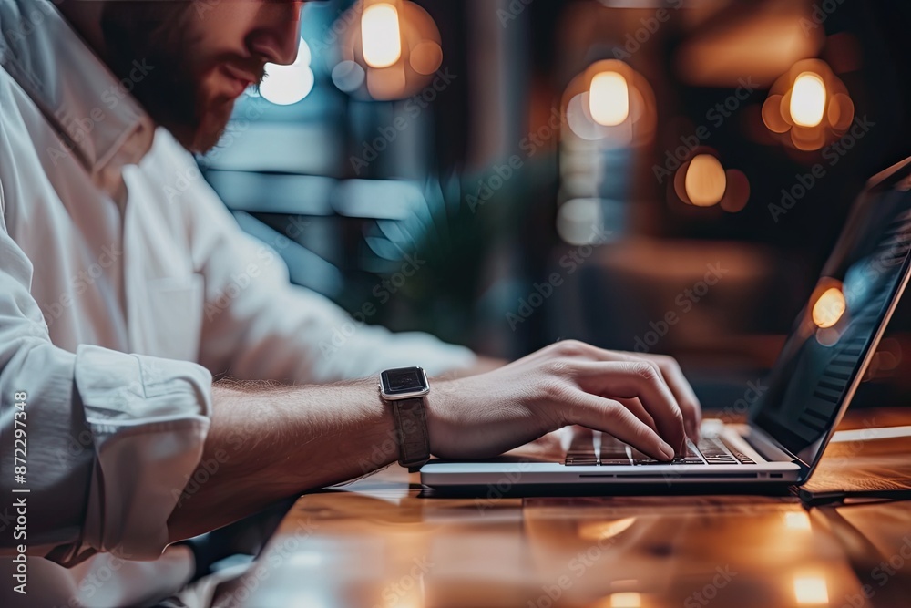 Poster a man sitting at a table with a laptop, close-up of an entrepreneur working intensely on his laptop 