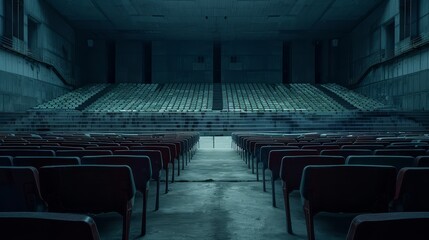 Naklejka premium An empty sports stadium, with rows of seats and a silent field