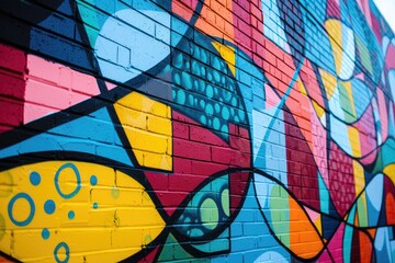 a colorful wall with a fire hydrant in front of it, Craft a vibrant urban street mural with abstract and modern designs
