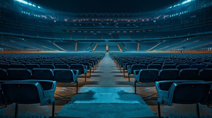 Naklejka premium An empty sports stadium, with rows of seats and a silent field