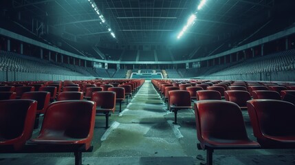 Naklejka premium An empty sports stadium, with rows of seats and a silent field