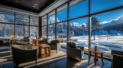 Fototapeta premium winter resort lounge with expansive energy-efficient windows offering guests a warm, panoramic view of the snowy landscape outside