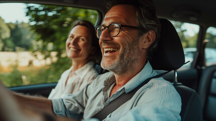 A portrait of a middle-aged couple driving in a car. Lifestyle portrait. The man is behind the wheel.