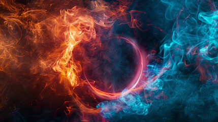 Vibrant smoke and a glowing circle create a modern and abstract artwork on a dark canvas.