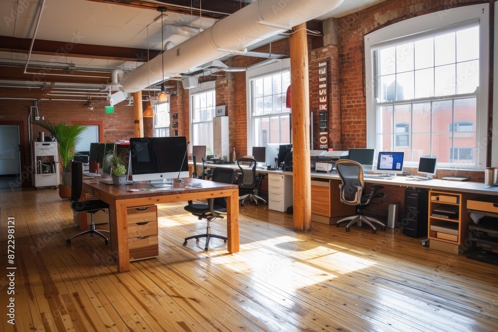 Aufkleber a large open office with a lot of computers, tech startup office space with collaborative workstations