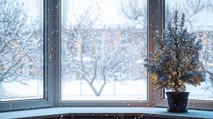 winter scene viewed through an energy-efficient bay window, where the glass remains perfectly clear despite heavy snowfall outside