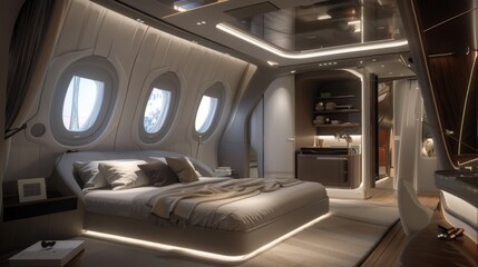 Obraz premium A luxurious bedroom interior designed for a private jet, featuring a plush bed, sleek cabinetry, and large oval windows.