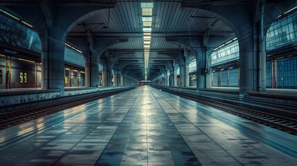 Obraz premium An empty train station, with silent platforms and waiting areas