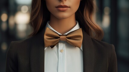 Close-up of a woman wearing a gold bowtie